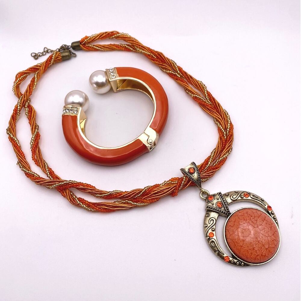 Beautiful Orange Combo of Beaded Necklace and Enamel Bracelet